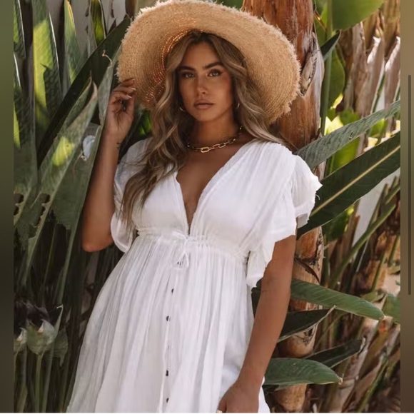 Boho White Gauze Button Flutter Maxi Butterfly Sleeves Dress, Coverup Dress - Picture 2 of 7